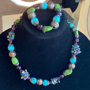 Vibrant Turquoise and Green Necklace with Silver Accents